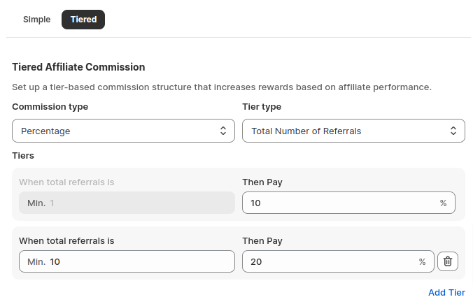 Shopify affiliate tier commission based on referrals