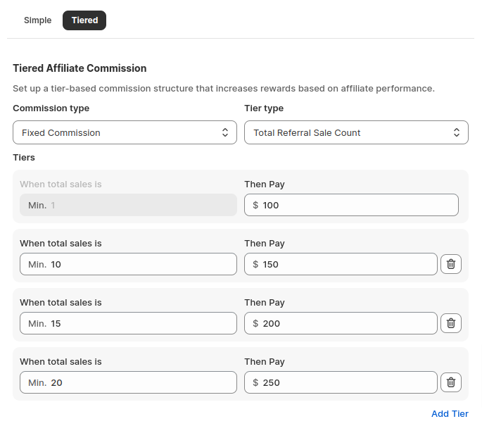 Shopify affiliate tier commission based on sales