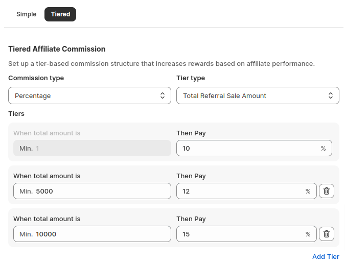 Shopify affiliate tier commission set up with percentage