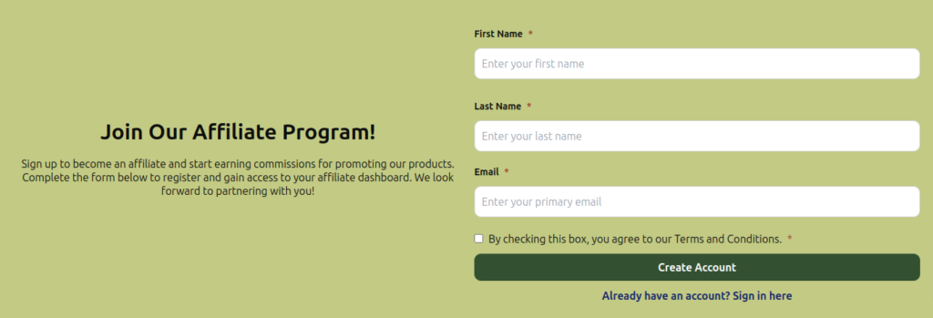 Affiliate signup form