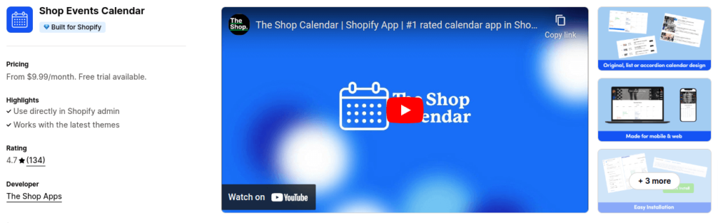 Shopify Events Calendar App